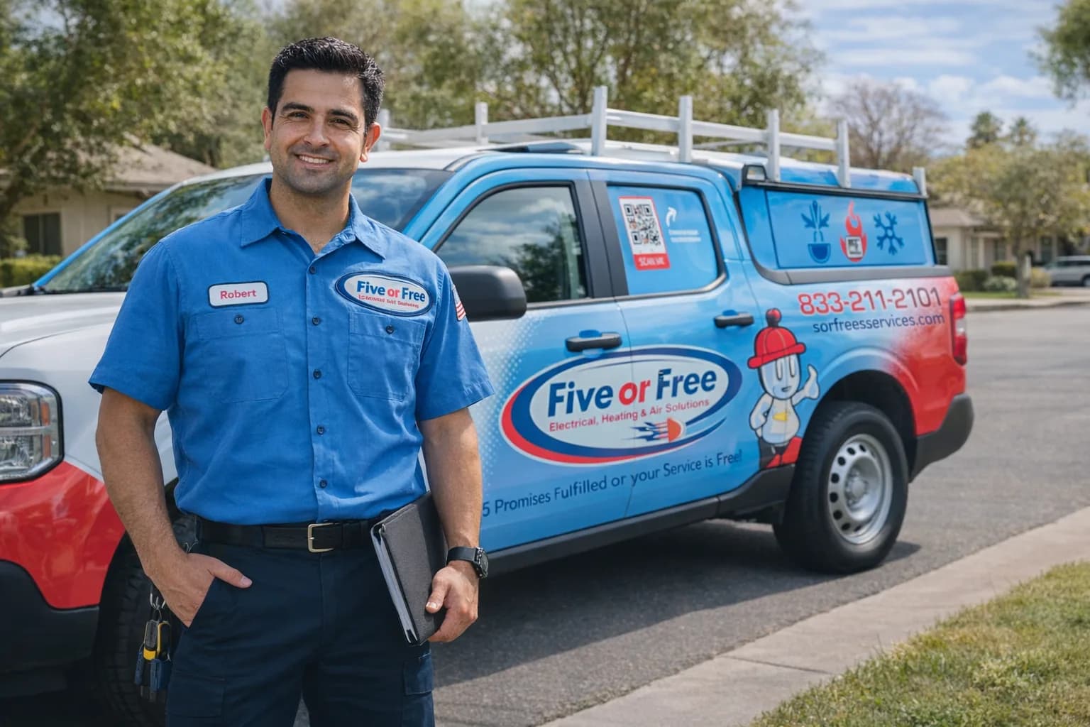 Five or Free electrician and HVAC contractor service truck serving Northern California