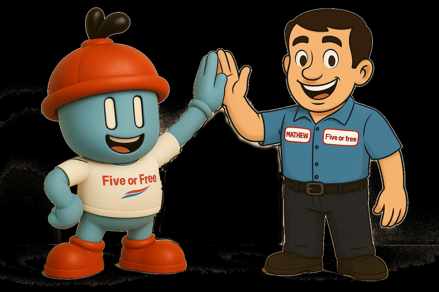 Five or Free Promise Keeper mascot high-five with electrician in Oakland